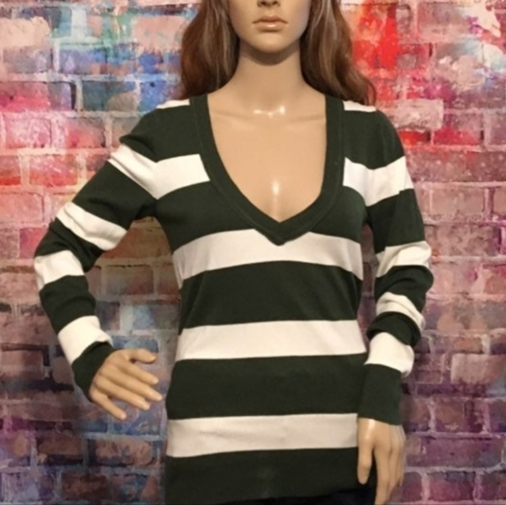 Green and white striped vneck sweater